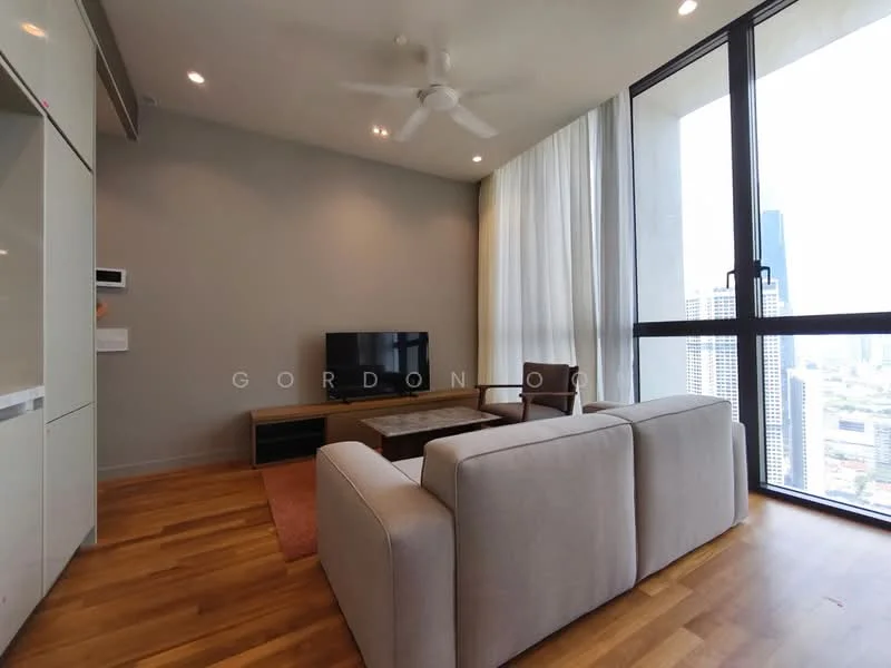 Living features: 3-seater fabric sofa in light grey, coffee table, wall-mounted TV, TV console, floor-to-ceiling windows, sheer curtains, wooden flooring, ceiling fan, area rug with geometric pattern, decorative wall art; style: modern; view: city.
