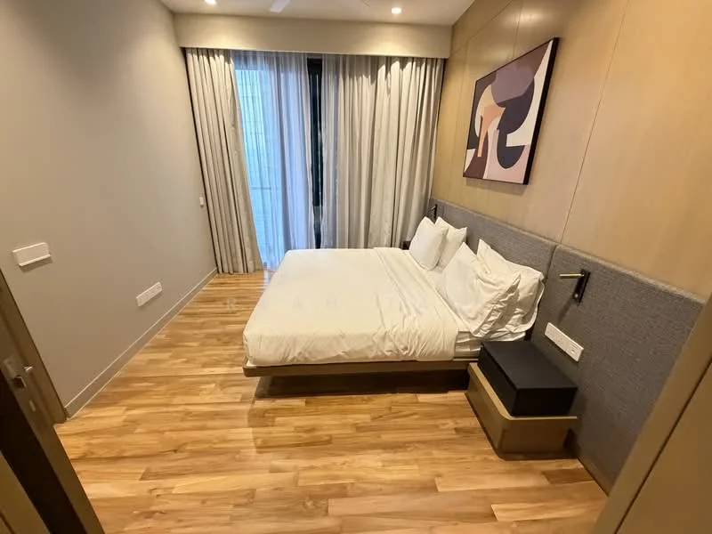 Bedroom features: queen-size bed, upholstered headboard, two bedside lamps, wooden flooring, floor-to-ceiling windows, sheer curtains, wall-mounted artwork, built-in wardrobe, recessed ceiling lights; style: modern.