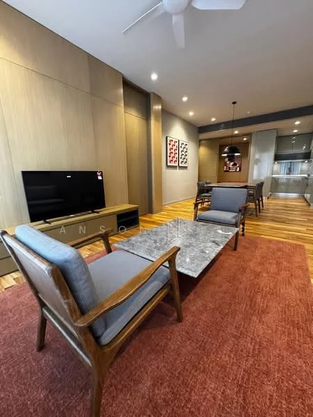 Living features: wooden flooring, light brown accent wall, recessed downlights, 5-blade ceiling fan, wall-mounted TV, wooden TV console, grey marble coffee table, 2 wooden armchairs with fabric upholstery, area rug with red pattern, framed artwork on walls, open layout to dining area; style: modern.