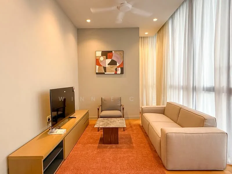 Living features: 3-seater fabric sofa in beige, coffee table with marble top, TV console in wood, wall-mounted TV, area rug in orange, floor-to-ceiling windows with sheer curtains, ceiling fan, framed artwork on wall, wooden flooring, recessed downlights; style: modern.