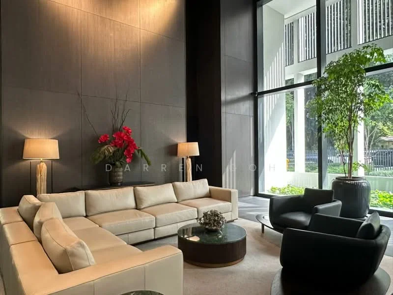 Living features: cream leather sectional sofa, round coffee table with dark wood finish, floor-to-ceiling windows, black armchair, table lamp with cream shade, decorative plant in black pot, wall with dark wood paneling, greenery view outside; style: modern; view: garden.