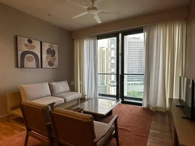 Living features: 3-seater fabric sofa in light grey, 2-seater wooden armchair, wooden coffee table, area rug with geometric pattern, floor-to-ceiling windows, sheer curtains, wall-mounted TV, decorative artwork on walls, wooden flooring, ceiling fan with light; style: modern; view: city.