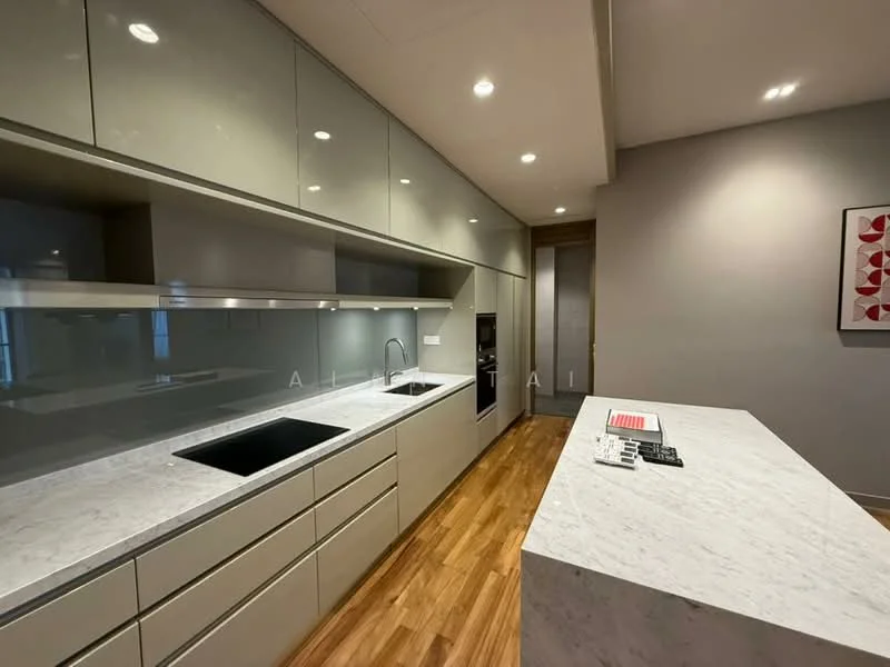 Kitchen features: grey cabinetry, marble countertop, double-bowl stainless-steel sink, chrome pull-down faucet, built-in oven, built-in microwave, glass backsplash, recessed downlights, wooden flooring, island with seating area, integrated appliances; style: modern.