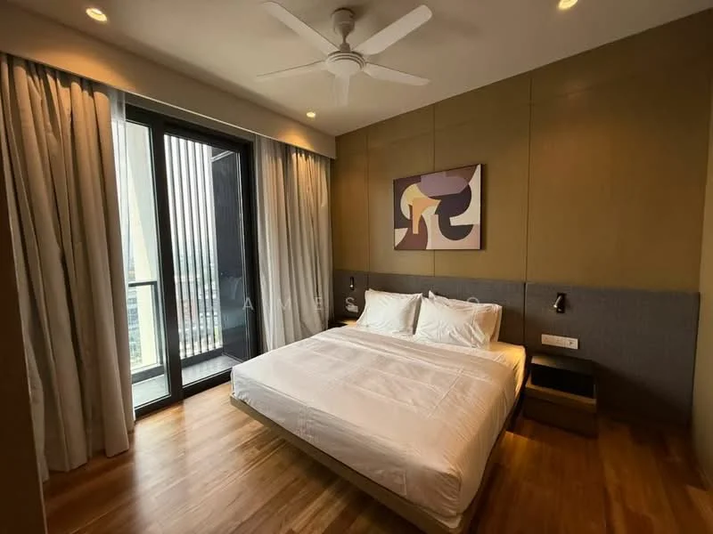 Bedroom features: king-size bed, upholstered headboard, bedside lamps, wooden flooring, floor-to-ceiling windows, sheer curtains, wall-mounted artwork, recessed downlights, ceiling fan; style: modern; view: city.