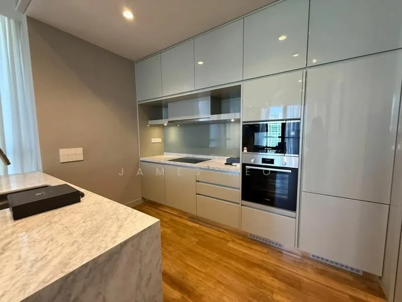 Kitchen features: light grey high-gloss cabinetry, marble countertop, built-in oven, built-in microwave, induction cooktop, stainless-steel range hood, single-bowl stainless-steel sink, drawer storage, open shelving, wooden flooring, recessed downlights; style: modern.