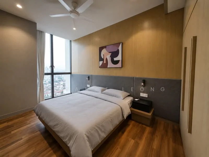 Bedroom features: king-size bed with grey bedding, upholstered headboard, wooden bedside table, wall-mounted reading lights, floor-to-ceiling windows, curtains, wooden flooring, abstract artwork on wall, grey accent wall, light-colored wall with wood paneling, ceiling fan; style: modern; view: city.