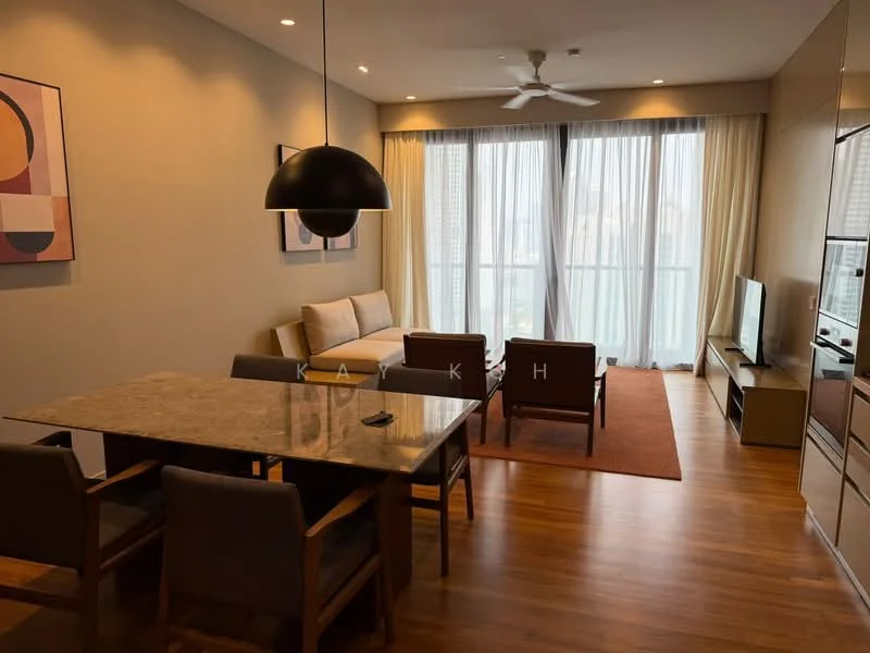 Living features: 3-seater fabric sofa in light beige, 2 armchairs in dark brown, coffee table with marble top, TV console, wall-mounted TV, area rug in orange, floor-to-ceiling windows, sheer curtains, ceiling fan with light, wooden flooring, decorative wall art; style: modern; view: city. Dining features: 6-seater dining table with marble top, wooden dining chairs, decorative centerpiece, open layout, adjacent to living area; style: modern; view: city.
