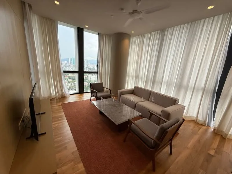 Living features: 3-seater fabric sofa in light grey, 2 armchairs in wood with fabric cushions, marble coffee table, wooden flooring, floor-to-ceiling windows, sheer white curtains, ceiling fan, wall-mounted TV, area rug with terracotta color, decorative wall panel; style: modern; view: city.