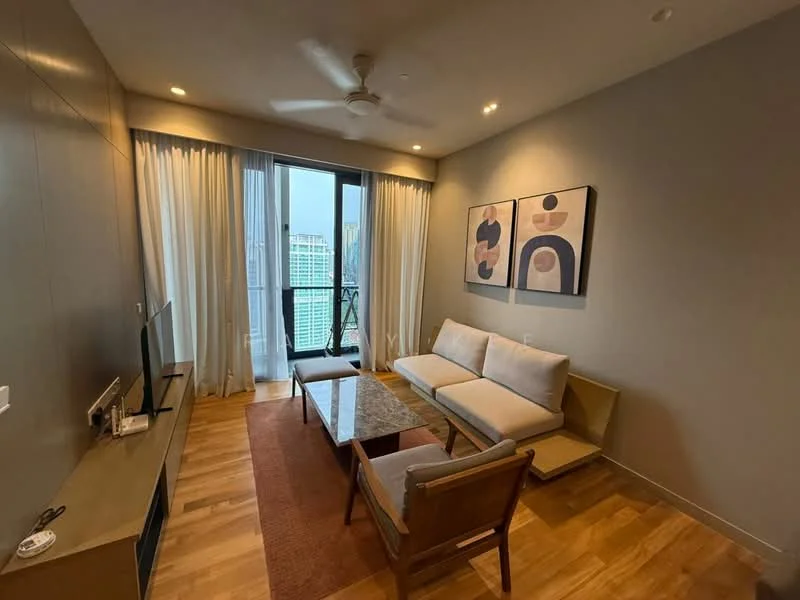 Living features: 3-seater fabric sofa in light beige, marble coffee table, wooden armchair, wall-mounted TV, floor-to-ceiling windows, sheer curtains, wooden flooring, ceiling fan with light, recessed downlights, decorative artwork on walls; style: modern; view: city.