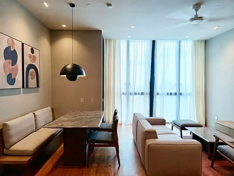 Living features: wooden flooring, floor-to-ceiling windows, sheer curtains, 3-seater fabric sofa in beige, 2-seater fabric sofa, coffee table, dining table with marble top, upholstered dining chairs, pendant lamp, ceiling fan, framed artwork on walls, decorative wall with neutral tones; style: modern; view: city.