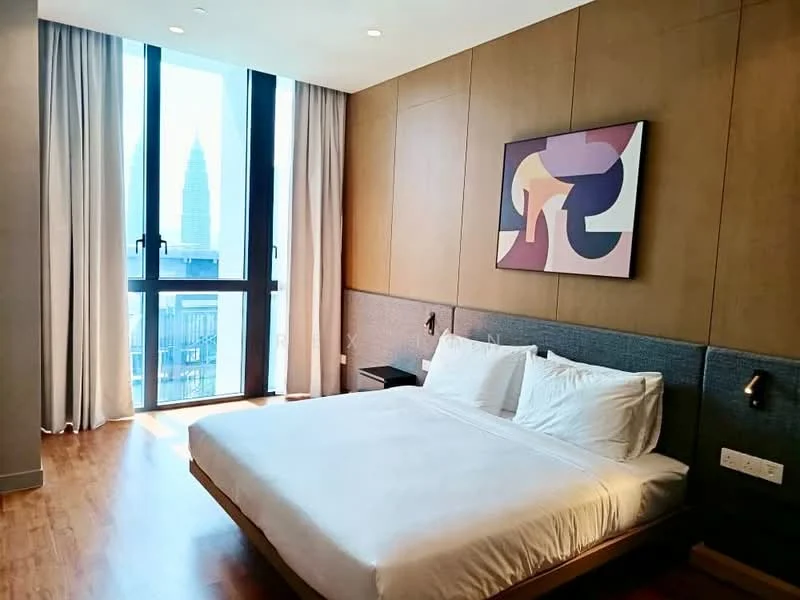 Bedroom features: king-size bed, upholstered headboard, white bedding, wooden flooring, floor-to-ceiling windows, sheer curtains, wall-mounted bedside lamps, abstract artwork on wall, grey accent wall, nightstand; style: modern; view: city.