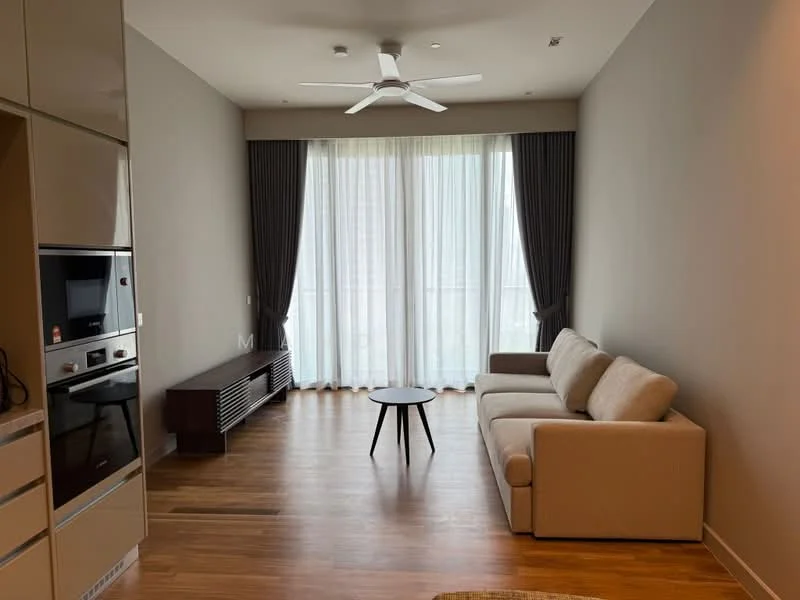 Living features: 3-seater fabric sofa in beige, round coffee table, floor-to-ceiling windows, sheer curtains, dark grey curtains, wooden flooring, ceiling fan, wall-mounted TV console, decorative wall paneling; style: modern.