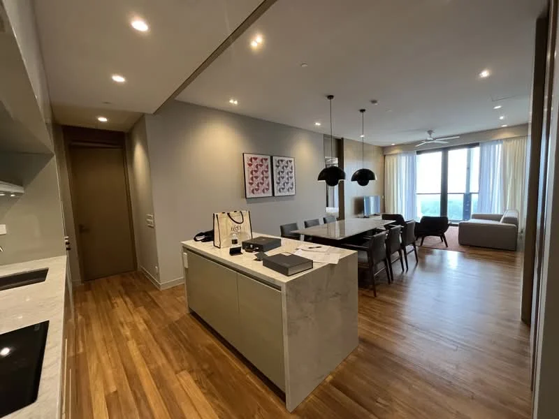 Kitchen features: white cabinetry, marble countertop, built-in oven, stainless-steel range hood, ceramic cooktop, single-bowl stainless-steel sink, chrome pull-down faucet; style: modern. Dining features: 6-seater dining table, upholstered dining chairs, pendant lighting, wooden flooring; style: modern. Living features: sofa, coffee table, floor-to-ceiling windows, ceiling fan, wooden flooring; style: modern; view: city.
