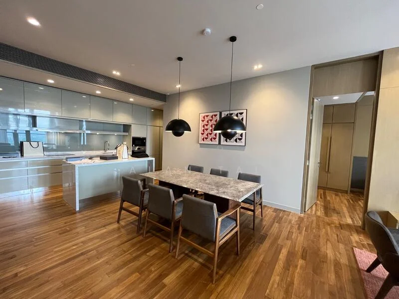 Dining features: 6-seater dining table with marble top, upholstered dining chairs, pendant lamps, wooden flooring, wall-mounted artwork, open layout to kitchen, recessed downlights; style: modern. Kitchen features: kitchen island, stainless-steel appliances, built-in oven, microwave, white cabinetry, glass backsplash, countertop with overhang, open shelving; style: modern.