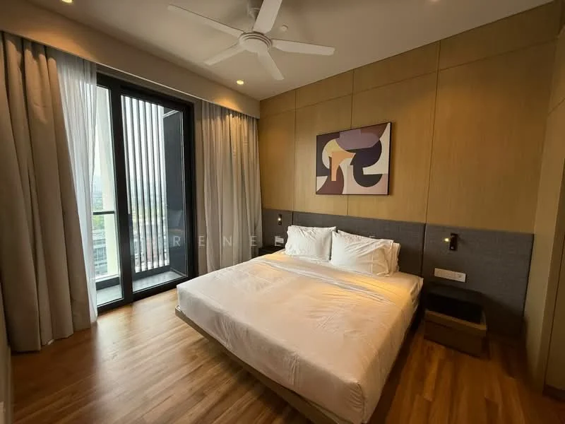 Bedroom features: king-size bed with white bedding, upholstered headboard, wooden flooring, floor-to-ceiling windows, sheer curtains, blackout curtains, wall-mounted bedside lamps, decorative artwork on wall, built-in wardrobe, ceiling fan; style: modern; view: city.