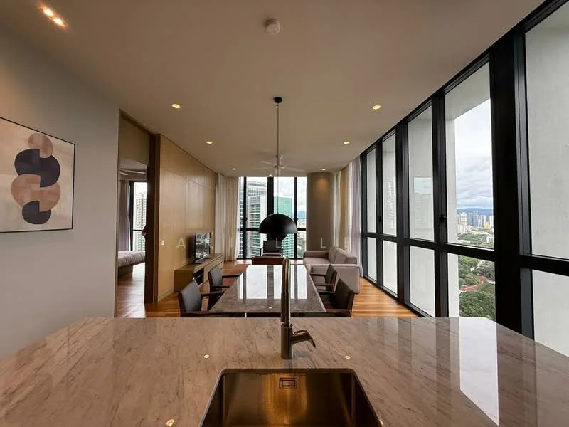 Living features: floor-to-ceiling windows, wooden flooring, 3-seater fabric sofa in grey, 2-seater fabric sofa, coffee table, TV console, pendant lamp, city view, open layout to kitchen, recessed downlights; style: modern; view: city. Kitchen features: marble countertop, single-bowl stainless-steel sink, chrome pull-down faucet, kitchen island, built-in cabinetry, recessed downlights; style: modern.