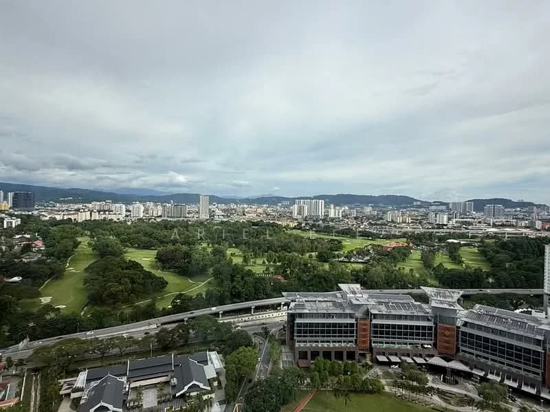 Exterior type: high-rise condominium; features: city skyline view, greenery landscape, golf course visible, urban development in background, multi-storey building in foreground, surrounded by trees; style: modern.