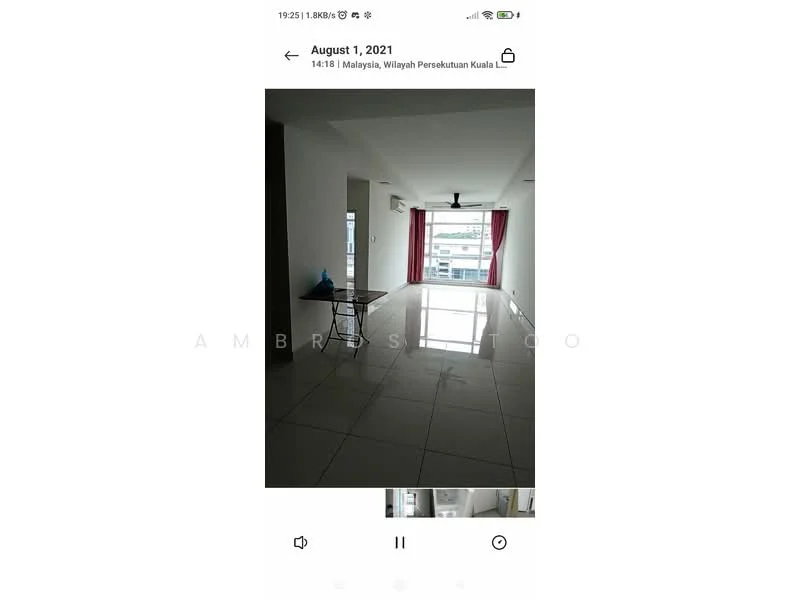 Living features: white painted walls, glossy tile flooring, 5-blade ceiling fan with light, floor-to-ceiling windows, red curtains, dining table with chairs, air conditioning unit; style: modern; view: city.