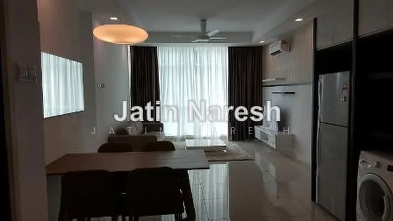 Living features: white painted walls, glossy tile flooring, 5-blade ceiling fan with light, large floor-to-ceiling windows, curtains, dining table with 4 chairs, refrigerator, washing machine, wall-mounted air conditioning unit, TV console, decorative wall panel; style: modern.