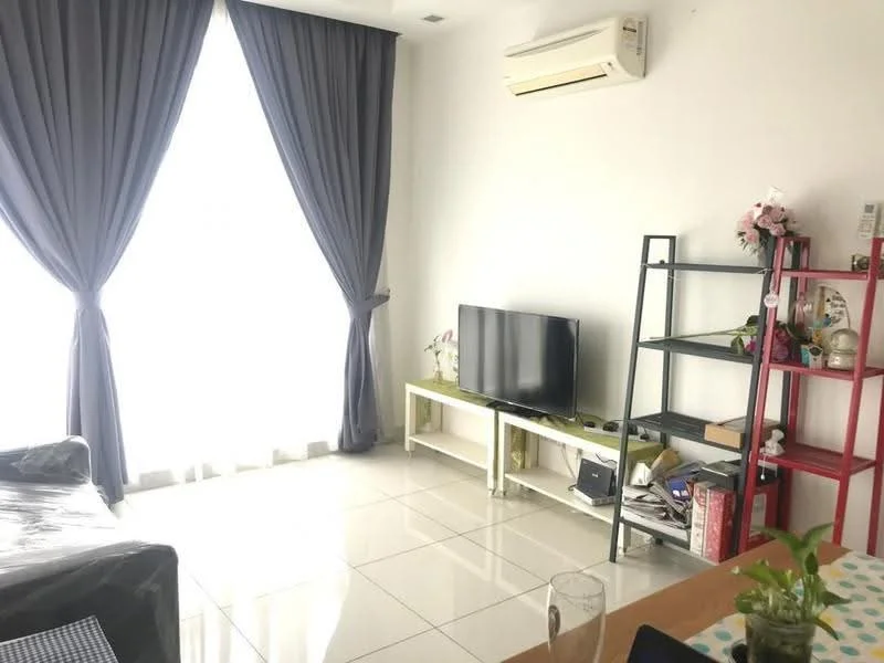 Living features: grey fabric sofa, white TV console, wall-mounted TV, black metal shelving unit, red metal shelving unit, large window with sheer curtains, air conditioning unit, glossy tile flooring, decorative plants, glass table, decorative items on shelves; style: modern.