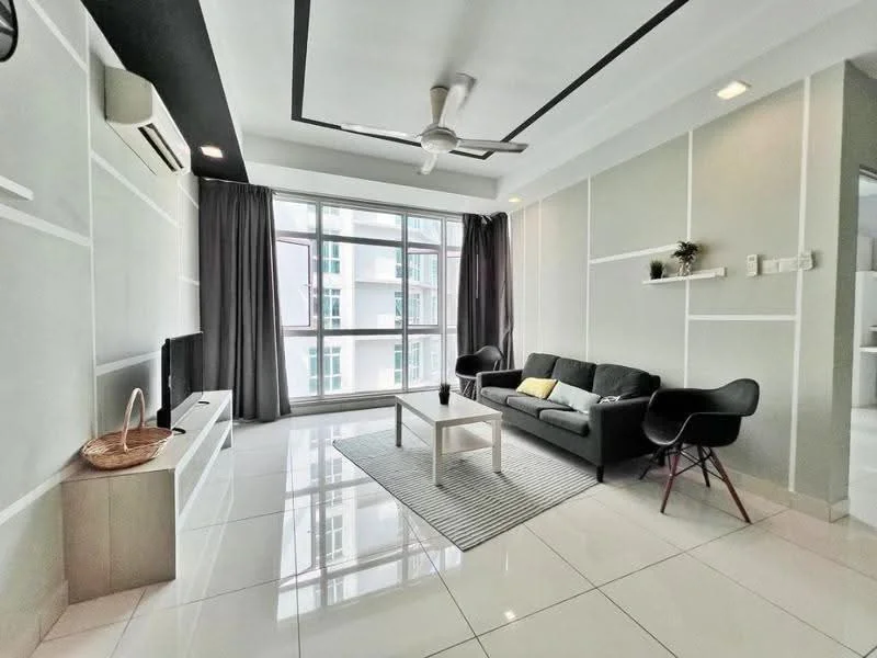 Living features: white painted walls, grey accent wall, glossy white tile flooring, 5-blade ceiling fan with light, floor-to-ceiling windows, blackout curtains, sofa in dark grey fabric, white coffee table, area rug with striped pattern, TV console, wall-mounted TV; style: modern; view: city.