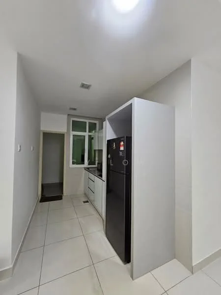 Kitchen features: white cabinetry, black refrigerator, ceramic tile flooring, white walls, window with green view, countertop, sink, built-in cabinets; style: modern; view: garden.