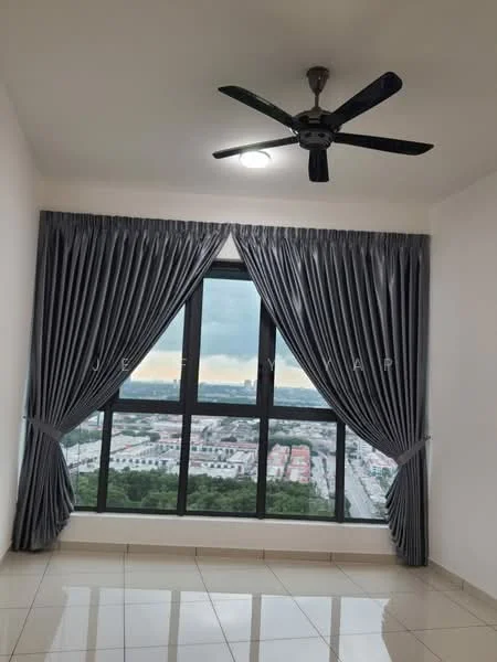 Room features: floor-to-ceiling windows, grey curtains, 5-blade ceiling fan, white painted walls, glossy tile flooring, city view; style: modern; view: city.