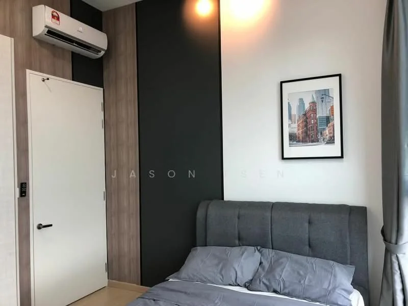 Bedroom features: grey upholstered headboard, queen-size bed with grey bedding, wood panel accent wall, black accent wall, light fixture on wall, wall-mounted air conditioning unit, framed artwork on wall, white door, curtains, laminate flooring; style: modern.