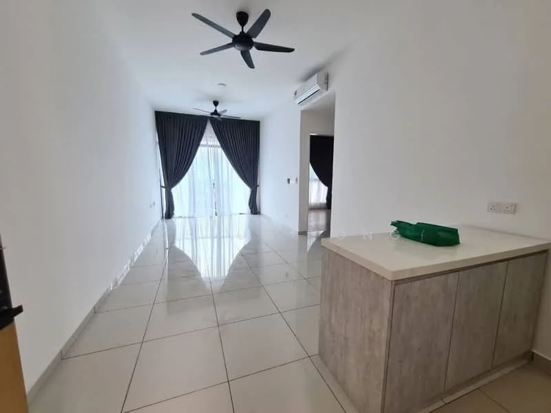 Living features: white painted walls, glossy ceramic tile flooring, 5-blade ceiling fan, recessed downlights, floor-to-ceiling windows, sliding glass door, sheer curtains, built-in cabinetry, neutral color scheme; style: modern; view: garden.