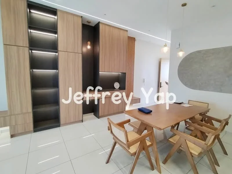 Dining features: wood dining table, 4 wooden dining chairs, built-in cabinetry with wood finish, black accent panel, recessed lighting, pendant lights, glossy tile flooring, neutral wall color, decorative wall panel, open layout; style: modern.