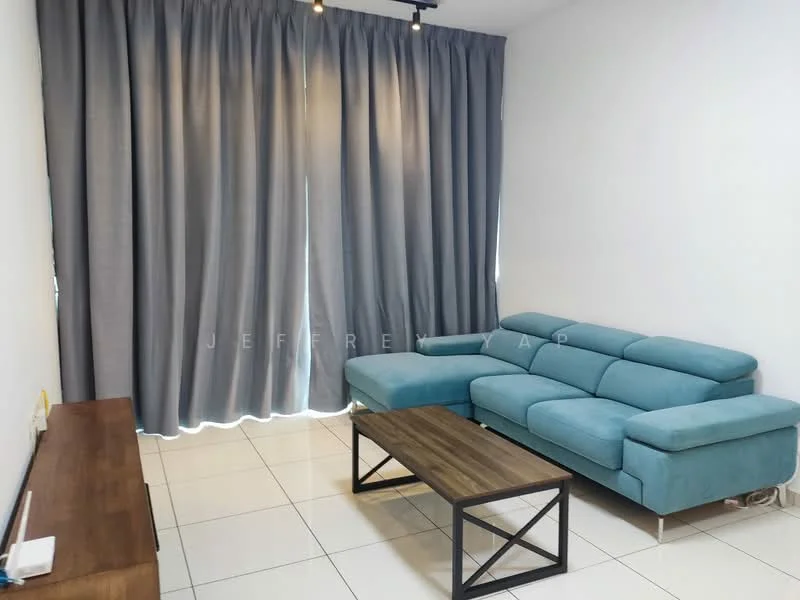 Living features: 3-seater fabric sofa in teal, wooden coffee table, white painted walls, grey curtains, tile flooring, recessed downlights, TV console, wall-mounted TV; style: modern.