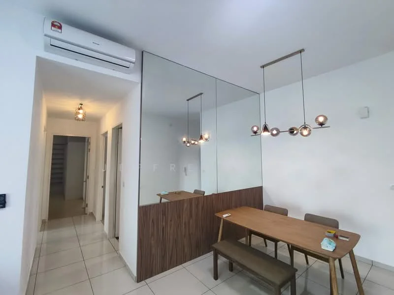 Dining features: dining table with wooden surface, 4 upholstered dining chairs, pendant light fixture with multiple bulbs, mirror wall, white painted walls, tile flooring, wall-mounted air conditioning unit, decorative wall paneling, recessed lighting; style: modern. Room features: white painted walls, tile flooring, doorways leading to other rooms.