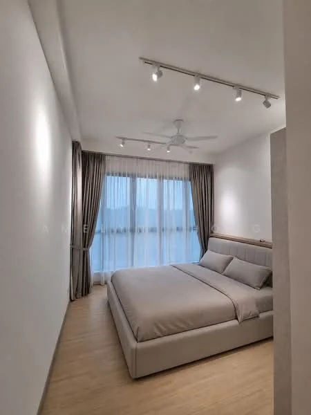 Bedroom features: king-size bed with upholstered headboard, light grey bedding, floor-to-ceiling windows, sheer curtains, recessed LED downlights, 5-blade ceiling fan, wooden flooring, neutral painted walls, decorative wall paneling; style: modern; view: city.