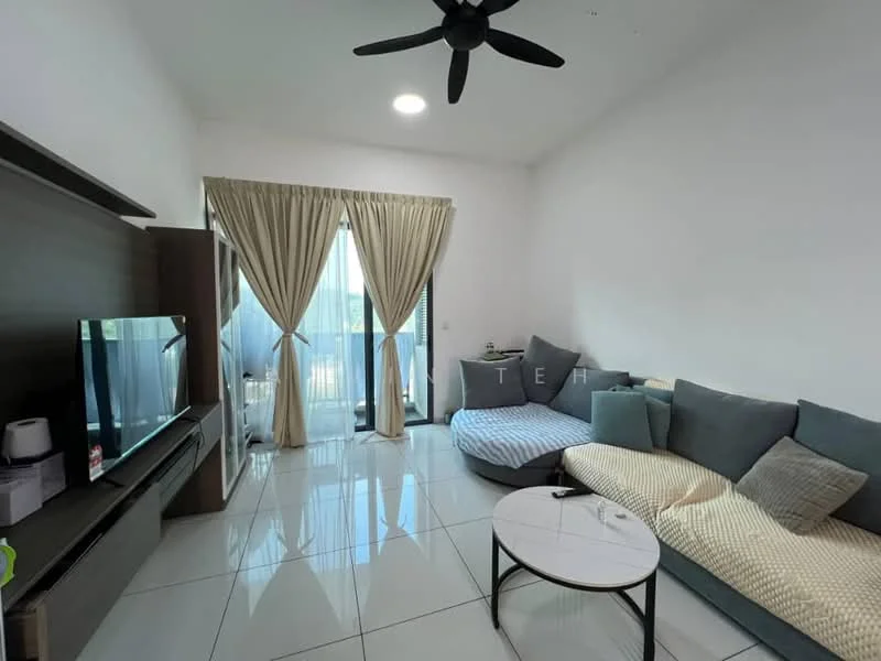 Living features: grey fabric sectional sofa, light beige throw pillows, white round coffee table, wall-mounted TV, wooden TV console, floor-to-ceiling windows, sheer curtains, recessed downlights, white tiled flooring, ceiling fan; style: modern; view: garden.