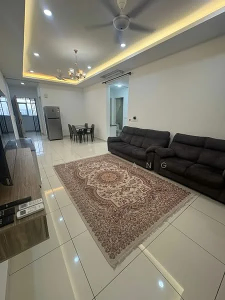 Living features: 3-seater fabric sofa in dark grey, coffee table, area rug with intricate pattern, wall-mounted TV, TV console, ceiling fan with light, recessed LED downlights, white painted walls, glossy tile flooring, dining table with 4 chairs, fridge, open layout; style: modern.