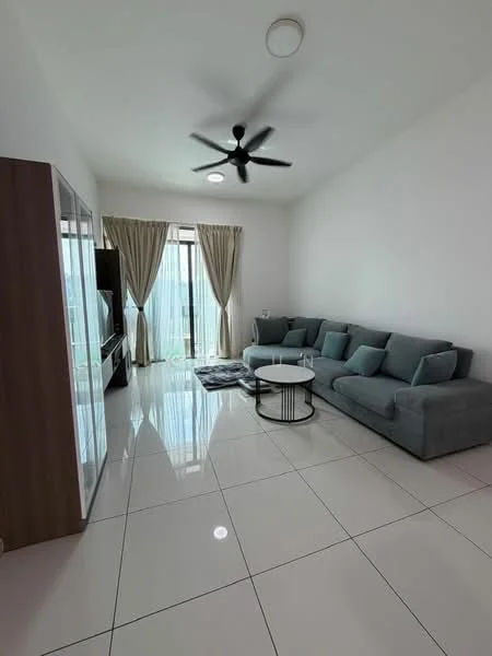 Living features: 3-seater fabric sofa in grey, coffee table with black metal frame, floor-to-ceiling windows, sheer curtains, white painted walls, polished ceramic tile flooring, ceiling fan with light, decorative area rug, TV console, wall-mounted TV; style: modern; view: garden.