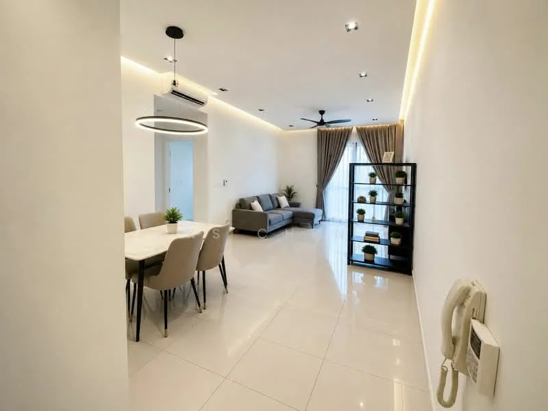 Living features: white painted walls, polished ceramic tile flooring, recessed downlights, 5-blade ceiling fan, sofa in grey fabric, round dining table, 4 upholstered dining chairs, floor-to-ceiling windows with sheer curtains, decorative shelving unit with plants, wall-mounted intercom, curtains in beige, lighted ceiling feature; style: modern.