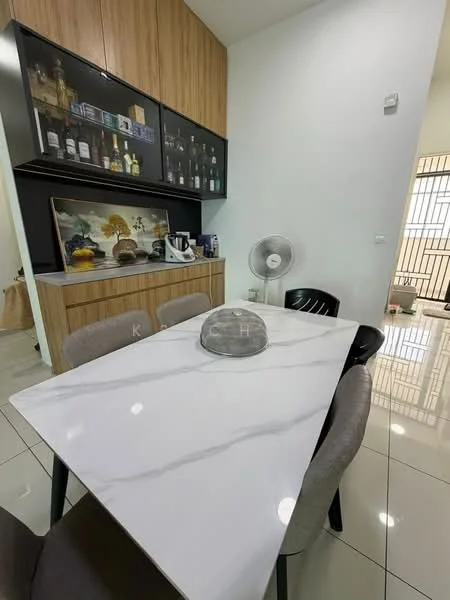 Dining features: marble dining table, 4 upholstered dining chairs, wooden cabinetry with glass doors, black cabinetry, white walls, tile flooring, wall-mounted fan, decorative artwork, kettle, coffee machine, bottled beverages on display; style: modern.