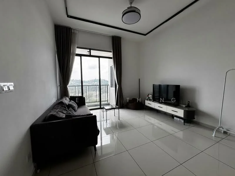 Living features: grey fabric sofa, white TV console, wall-mounted TV, large floor-to-ceiling windows, curtains, recessed ceiling lights, white painted walls, glossy tile flooring; style: modern; view: city.
