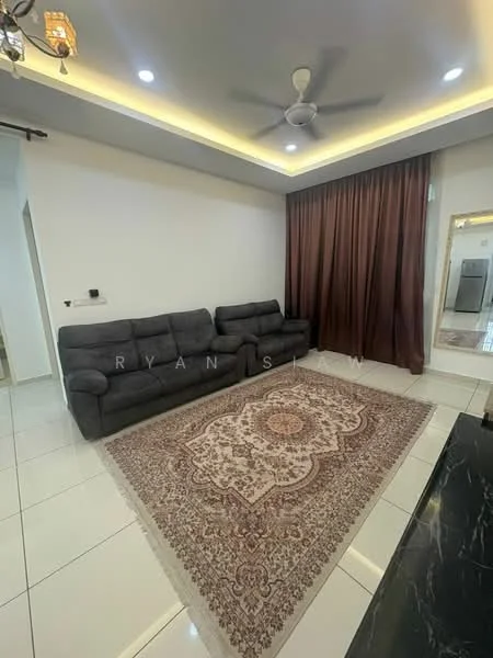 Living features: 3-seater fabric sofa in grey, area rug with intricate pattern, ceiling fan with light, recessed downlights, white painted walls, glossy tile flooring, curtains in dark brown, mirror on wall; style: modern.