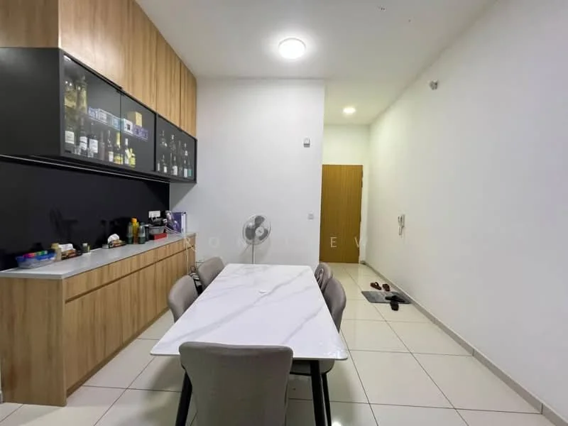 Dining features: white marble dining table, 4 upholstered dining chairs, wooden cabinetry with glass doors, black accent wall, white painted walls, recessed ceiling lights, floor-to-ceiling windows, ceramic tile flooring, ceiling fan, doorway leading to hallway; style: modern.
