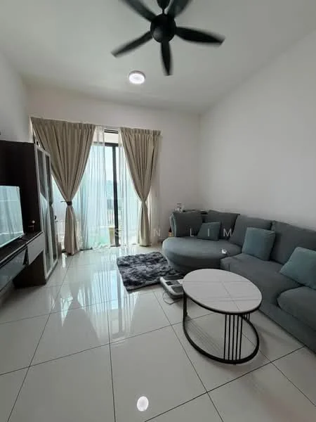 Living features: grey fabric L-shape sectional sofa, round coffee table with black base, area rug with geometric pattern, floor-to-ceiling windows, sheer curtains, white painted walls, polished ceramic tile flooring, ceiling fan with light, TV console, wall-mounted TV; style: modern; view: city.