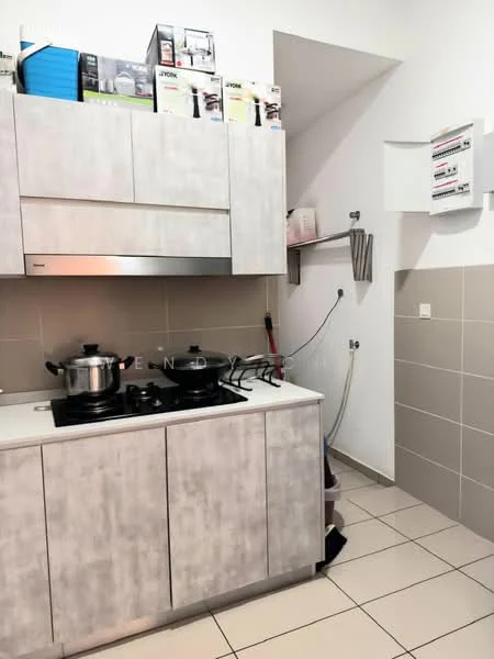 Kitchen features: light grey cabinetry, white countertop, stainless-steel gas hob, stainless-steel pot, stainless-steel pan, built-in oven, tile backsplash, ceramic tile flooring, wall-mounted electrical panel, open shelving, kitchen utensils on display; style: modern.