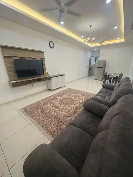 Living features: grey fabric sofa, area rug with intricate pattern, wall-mounted TV, wooden TV console, recessed ceiling lights, ceiling fan, dining table with chairs, white painted walls, tile flooring, clock on wall, fridge visible in background; style: modern.