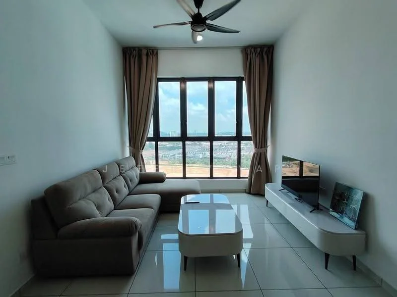 Living features: 3-seater fabric sofa in grey, coffee table with white surface, TV console with white finish, wall-mounted TV, floor-to-ceiling windows, curtains in light brown, white tiled flooring, ceiling fan with light, decorative wall with no visible artwork; style: modern; view: city.