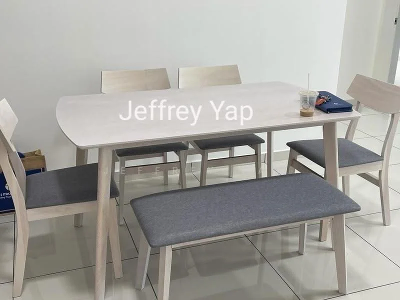 Dining features: rectangular dining table with light wood finish, 4 wooden dining chairs with light wood finish, 1 upholstered bench with grey fabric, white walls, glossy tile flooring, minimalist decor; style: modern.
