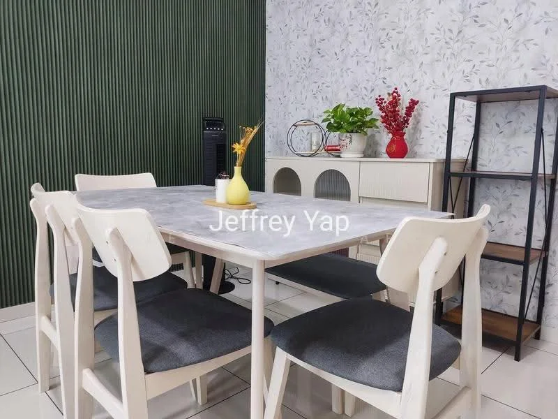 Dining features: 6-seater dining table with grey marble top, white wooden chairs with grey cushions, green accent wall with vertical paneling, floral wallpaper on one wall, decorative plant in ceramic pot, decorative vase with dried flowers, open shelving unit, wooden cabinet with glass doors, floor tiles in white, wall-mounted speaker, decorative wall art; style: modern.
