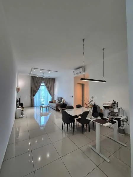 Living features: white painted walls, glossy tile flooring, recessed LED downlights, 5-blade ceiling fan, floor-to-ceiling windows, sheer curtains, sofa in light grey, coffee table, TV console, wall-mounted TV, decorative plants, area rug, dining table with 4 chairs, kitchen appliances on counter; style: modern; view: city.