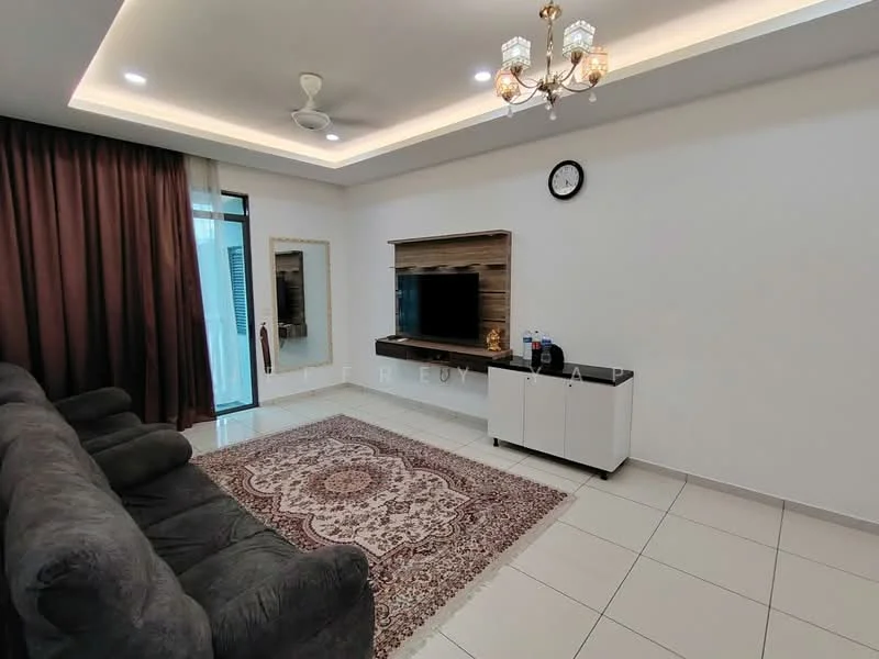 Living features: 3-seater fabric sofa in grey, area rug with intricate pattern, wall-mounted TV, TV console in white, decorative wall clock, chandelier with multiple bulbs, ceiling fan, recessed LED downlights, floor-to-ceiling windows with sheer curtains, cream painted walls, tile flooring; style: modern.