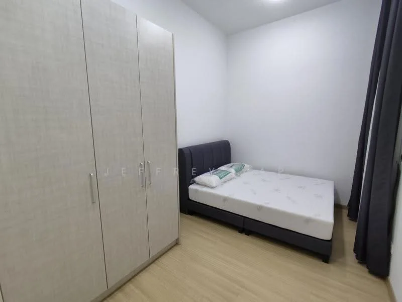 Bedroom features: queen-size bed, upholstered headboard, built-in wardrobe with sliding doors, light wood flooring, white painted walls, grey curtains, mattress on bed, decorative pillows; style: modern.